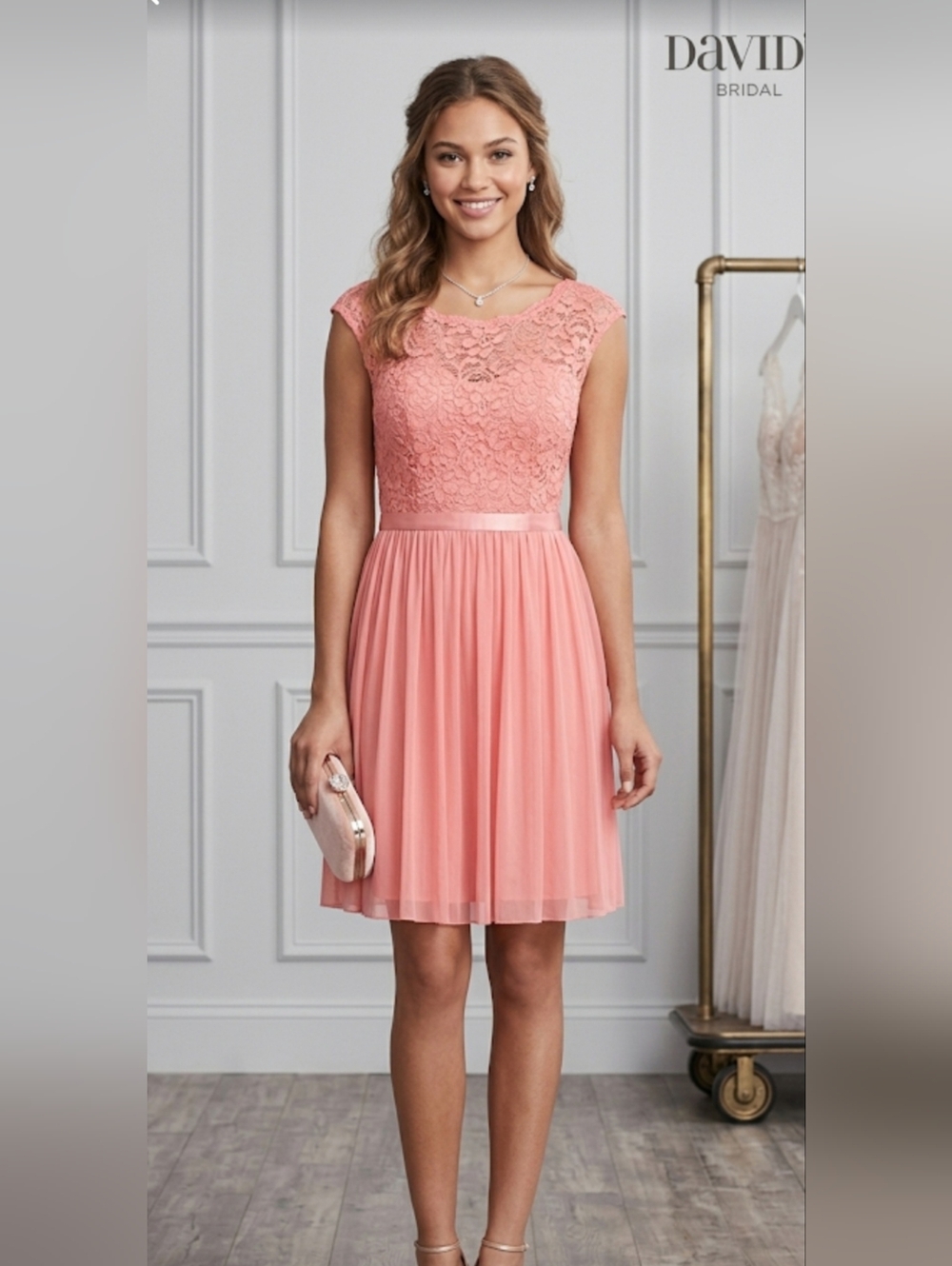 David's Bridal Coral Lace Bodice Chiffon Dress